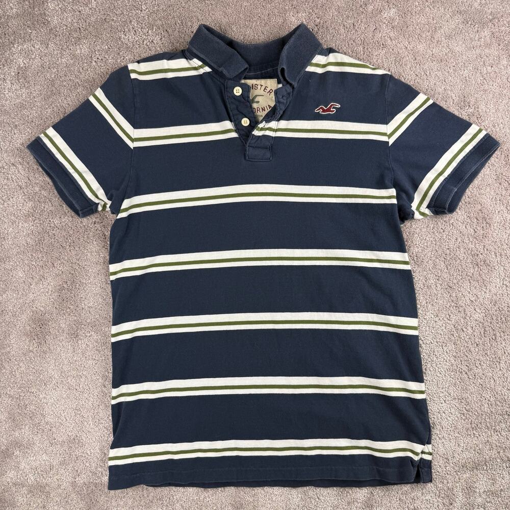 Hollister California Polo Shirt Navy Blue Striped Short Sleeve Size XL Preppy